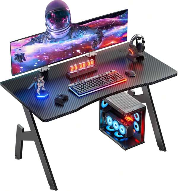HLDIRECT HLDIRECT 40 Inch Gaming Desk With Carbon Fibre Surface - A Shape Large Computer Table, Ergonomic PC Workstation For Home Office