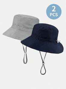 2pcs Children Adjustable Sun Ion Breathable Casual Bucket Hats In Solid Navy Blue And Gray Colors, Suitable For Outdoor Activities And Daily Wear - Multicolor - View 6