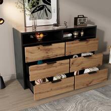 Sideboard With High-Quality Glass And Wood Veneer, 6 Drawers, Stable Structure, Easy To Clean