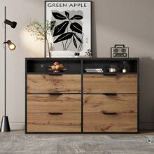 Sideboard With High-Quality Glass And Wood Veneer, 6 Drawers, Stable Structure, Easy To Clean
