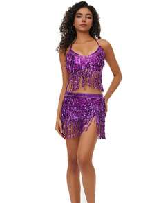 Sequin Tassel Dress Set, Women Belly Dance Dress, Short Tight Camisole, Mini Skirt, Club Performance Outfit, Sequin Tassel Women 2 Pieces Set - Multicolor - View 18