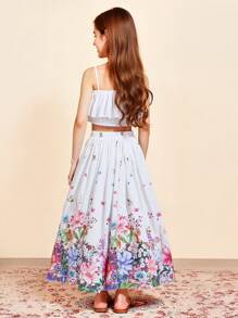 Conjunto de 2 piezas para niñas: Top de tirantes con estampado floral y falda larga, conjunto elegante de estilo campestre para vacaciones de verano