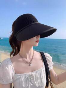 1pc Women's Solid Color Knitted Large Brim Sunhat, Breathable Mesh Top, Hiking, Traveling, Outdoor Activities Design, Spring/Summer - Multicolor - View 7
