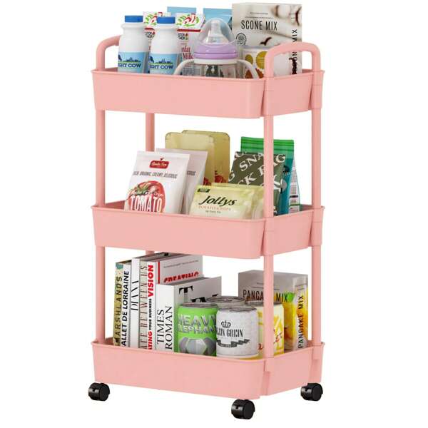 "Mobile Storage Cube" Cherry Blossom Powder 3-Layer Trolley | Universal Mute Wheel + Thickened PP Anti-Collision Handle, Living Room/Kitchen/Bathroom Versatile! 20kg Load-Bearing Worry-Free + Anti-Rollover Buckle, Small Drawer Level Storage Device
