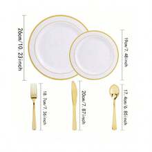 50pcs/Set Gold Cutlery Set, 10pcs 19cm Plates, 10pcs 26cm Plates, 10pcs Gold Forks, 10pcs Gold Spoons, 10pcs Gold Knives, Suitable For Wedding, Party, Birthday, Kitchen, Beach BBQ, Picnic, Camping, Restaurant, Easter, Halloween, Valentine's, Charity , Bakery, Market Stall, Outdoor, Convenient For Travel, Reusable And Washable - Gold - View 2