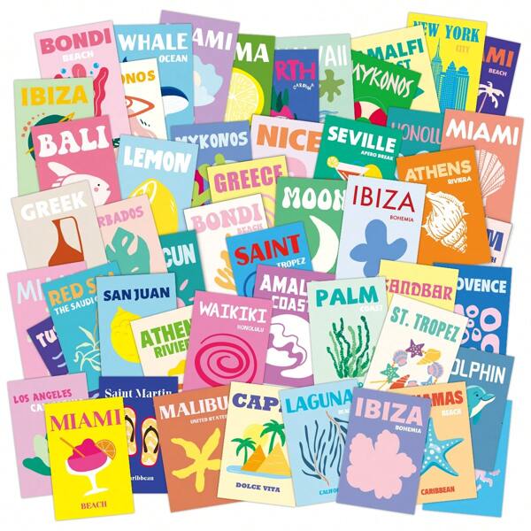 50 pièces kit de collage mural mignon et préparatoire, affiches de plage pour chambre à coucher, impression murale de voyage préparatoire de 4"X6", décoration de chambre balnéaire pour chambre à coucher et dortoir, décoration murale préparatoire, rentrée scolaire, fournitures scolaires