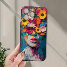Flower 1pc Black Matte Lens Protection Floral Portrait Pattern Phone Case, Personalized Compatible With Iphone 16 ProMax, 15/14 Plus, 13, 12, 11 And Series Waterproof Shockproof Anti-Fall Scratch Resistant