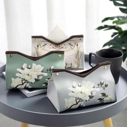 印花仿皮纸巾盒架，防水易清洁，长方形，优雅复古花卉餐巾盒，适用于家庭客厅装饰、办公室、旅行、咖啡桌、餐桌、床边、工作站、梳妆台等，可爱的浴室房间装饰家居汽车夜灯梳妆台，轻便手提包收纳盒