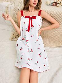 Women's Cherry Fruit Print Camisole Slip Dress, Sleepwear & Lounge Wear With Bubble Ruffle, Built-In Bra And Princess Style, Moo Moo - Red - View 1