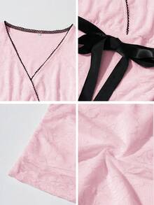 Y2K Summer Ladies Out Dating Lace Color Patchwork Collar Waist Bow Lace-Up Top - Baby Pink - View 10