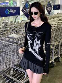 Autumn Niche Design Collared Off Shoulder Slim Fit Sweater, Random Cut