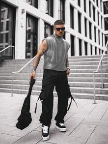 2025 Spring & Summer Men's High Street Hip Hop Wide Shoulder Round Neck Printed Top - Light Grey - View 3