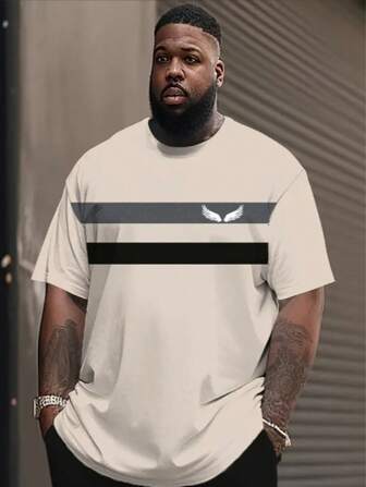 Light-Colored Wing Print Plus Size Men's Casual T-Shirt, Breathable Short Sleeve Tee For Summer Travel, Outdoor Sports Striped T-Shirt