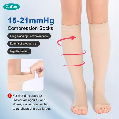  Cofoe 15-21mmHg Open Toe Compression Socks, Calf Length Breathable Support Stockings For Standing, Sitting & Daily Leg Comfor,Outdoor Sports Men Women