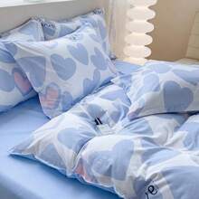 4 件套芦荟棉卡通心形图案床上用品套装，1*床单+1*羽绒被套+2*枕套，不含枕芯/被子填充物，亲肤、柔软舒适、简约设计 - 淺藍色 - 查看 4