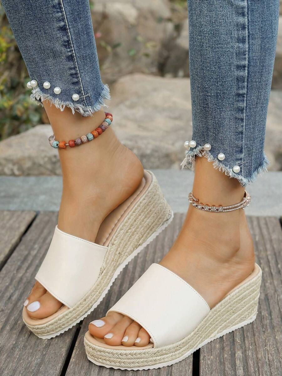 Women's Straw Wedge Rope Open Toe Slippers, Thick Sole Elevated Platform Sandals For Summer Outdoor Wear - Beige - View 1