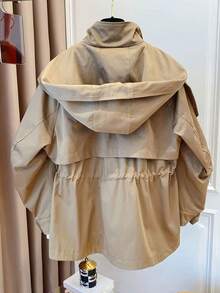 1 件纯色梭织面料抽绳口袋前扣风衣，休闲春秋 - 卡其色 - 查看 2