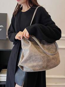 大容量手提包，复古仿皮手提包，带前置口袋，适合工作和旅行 - 卡其色 - 查看 6