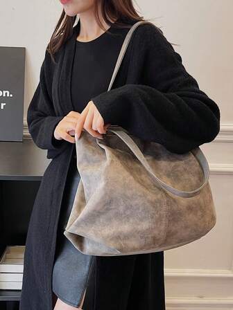 Large Capacity Tote Bag, Retro Style Faux Leather Handbag With Front Pocket For Work & Travel