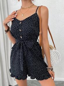 Polka Dot Ruffle Hem Self-Tie Casual Jumpsuit For Spring/Summer