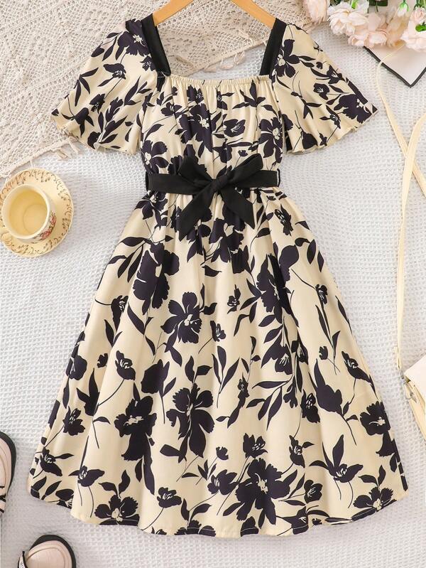 Teen Girls Vintage Ditsy Floral Square Neck Puff Sleeve Dress - Waist Bow Accent, Sweet Princess Style Floral Dress, Fresh & Elegant Summer Children Outfit