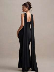 Elegant Satin Midi Dress With Cross V-Neck & Waist Tie Belt, Slimming Figure-Hugging Fit For Banquet And Date Night, Valentine's Day - Black - View 3