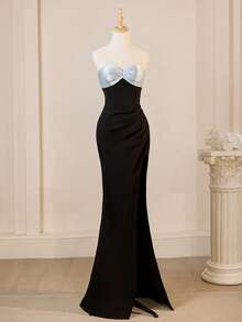 فستان ماكسي فاخر بفتحة في الظهر وبلا أكمام وتصميم كتل لونية مقسمة وزينة عقدة الفراشة، فتحة طويلة، فستان سهرة أنيق للتخرج والزفاف وحفلات العودة للمنزل