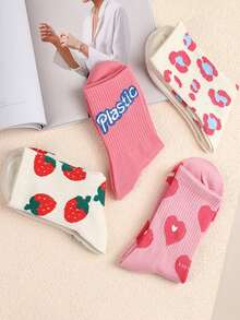 4 Pairs Women's Fashion Versatile Letter, Heart, Strawberry Patterned Crew Socks, Cute & - Multicolor - View 6