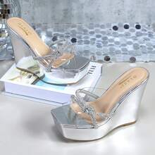 Women's Double Bowknots Crystal Sandals Clear Slingback Heels Square Toe Low Block Chunky Heels Sandals Wedding Party Dress Pumps Shoes WEGO-2 - 銀色 - 查看 2