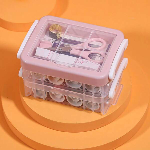 1pc Sewing Kit Box Set, Portable Home Mending Needle Thread Storage Box, Random Color Multi-Layer Sewing Box