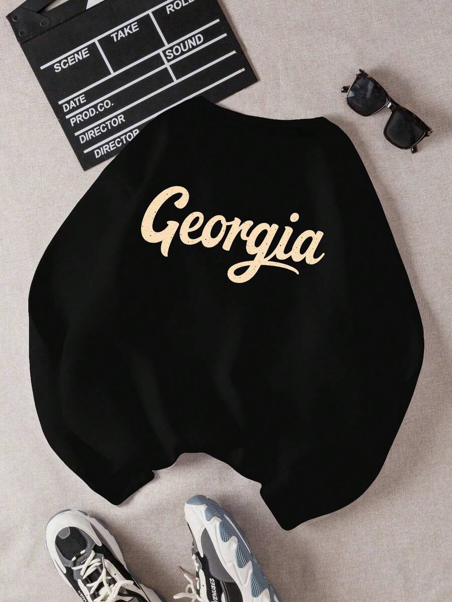 Georgia Vintage Script Graphic Print Women's Oversize Sweatshirt, Sudadera Para Mujer Con Estampado De Caligrafía Vintage De Georgia, Comfort Fit Crew Neck Top, State Pride Sweatshirt Suitable For Georgia Locals & Retro Style Fans - 黑色 - 查看 1