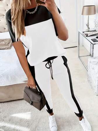 2pcs Set Casual Color Block Short Sleeve Round Neck T-Shirt And Ankle Length Pants