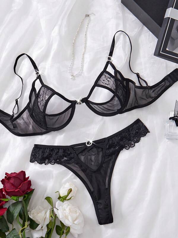 1 Set Of Black Lace Cup Transparent Underwear, Bra And Thong. Women's Sexy Lingerie. Women's Sexy Lingerie Set SMLXL Sexy Lingerie