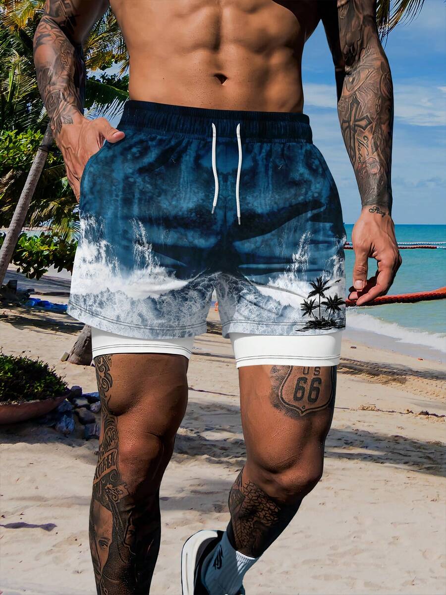 Men's Double-Layer Beach Wave Print Swim Shorts - Multicolor - View 1
