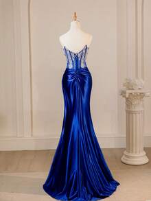 Navy Blue Sleeveless Lace-Patchwork Mermaid Satin Waist-Cinched Slit Maxi Dress, Elegant Evening Gown, Formal, Party Dress, For Wedding Guest - Royal Blue - View 3