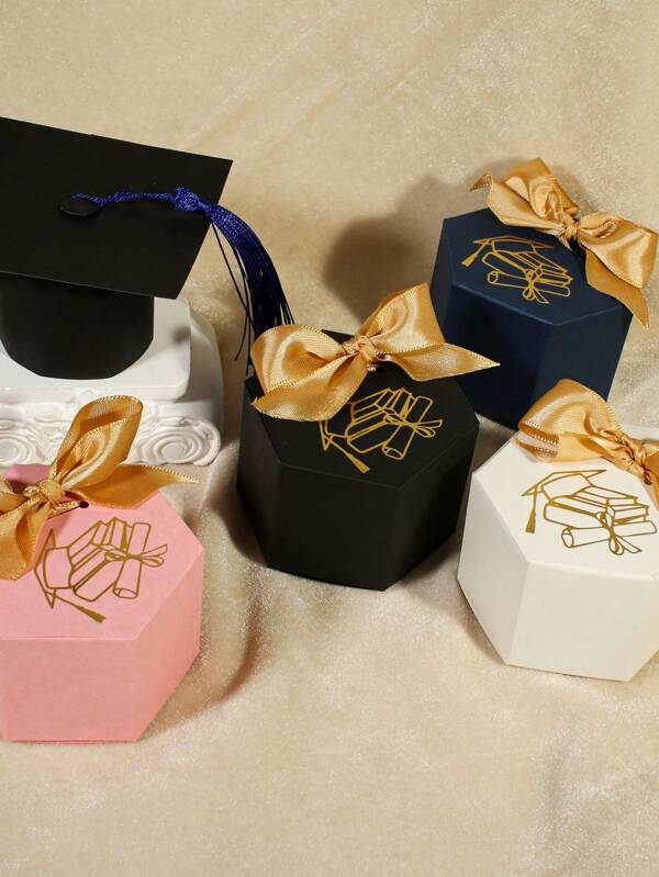 10 pezzi Scatoline regalo mini per laurea con stampa in oro foglia diploma - Scatoline portaconfetti esagonali con fiocco in raso - Piccole scatole per dolcetti per festa di laurea, cerimonia, regali di congratulazioni - Colori nero, bianco, rosa, navy