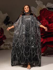 Rochie lungă de lux elegantă, cu paiete și perle, pentru femei, mărime plus, din 2 piese