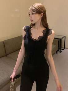 性感简约蕾丝边吊带背心，叠穿针织露脐上衣，韩版时尚春夏返校休闲风黑色 - 黑色 - 查看 3