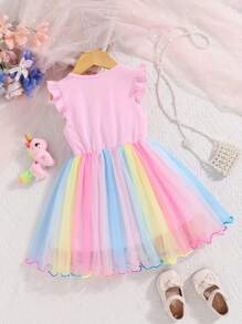 coviviky Vestido casual de longitud hasta la rodilla para niñas jóvenes con mangas cortas, gráfico de arcoíris en tul de colores, para fiestas y reuniones, verano