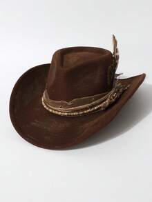 1 pieza Sombrero de vaquero unisex vintage desgastado con decoración de plumas, diseño único hecho a mano, adecuado para eventos con temática del oeste, fiestas, compromisos, cosplay, festivales, festivales de música