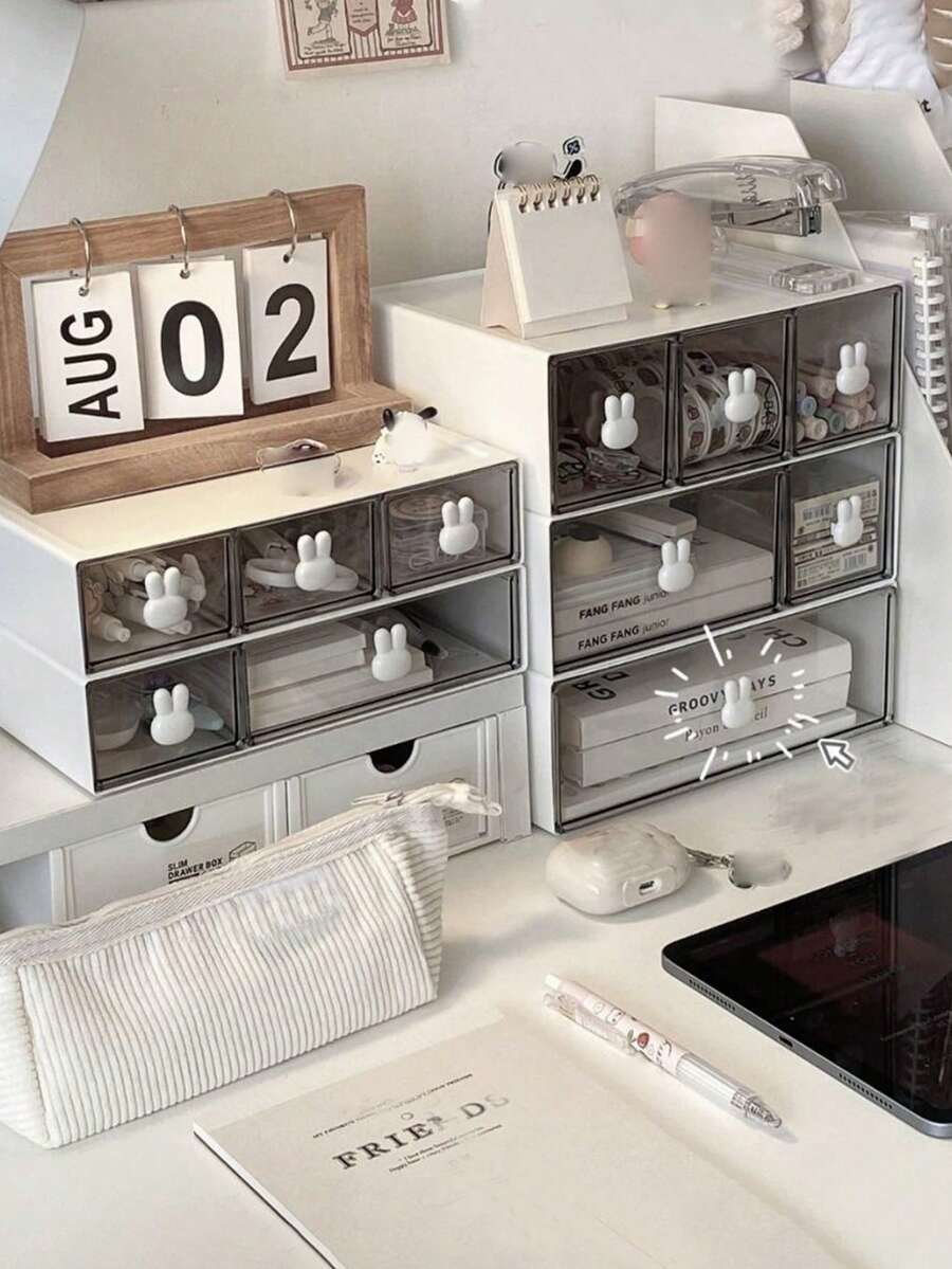 1pc Multifunctional Drawer Type Desktop Organizer Box, Skincare, Stationery, Jewelry, Cosmetics Storage Box For Office, Dorm, Makeup Tools Display, Hair Accessories, Lipstick & Perfume Holder - White - View 1