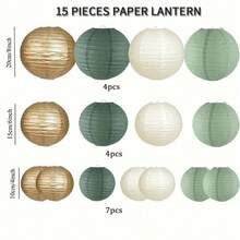 15pcs/10 Pcs Green, White & Gold Round Hanging Paper Lanterns Decorations, Rustic Wedding Birthday Party Decor Round Paper Lanterns Decoration, Gold/Ivory/Green-Grey Color, Hanging Paper Lanterns Suitable For Country Party - Multicolor - View 10