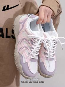 WARRIOR 1 Pair Women's Casual Sports Shoes, Lace-Up Design, Low-Top Outdoor Mesh Patchwork Breathable Flat Shoes For Spring And Summer, Comfortable Soft Sole Hiking Shoes With Retro Details, Classic Vintage Running Shoes For Students, Outdoor Activities And Commuting - Light Pink/beige/purple - View 8