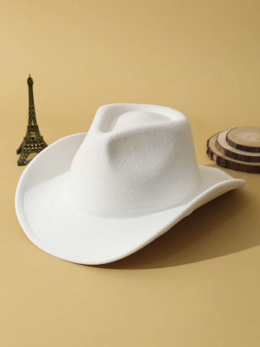 1pc Unisex Solid Boho Cowgirl Hat Cowboy Hat Wide Brim Handmade Plain Fedora Hat Jazz Panama Hat Soft Felt Hat Western Suitable For Daily Use - 白色 - 查看 1