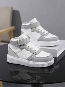Crianças Novos Sapatos Esportivos Leves Confortáveis de Patchwork Branco e Cinza, Design Minimalista Adequado Para Fitness Infantil, Corrida, Jogos Ao Ar Livre, Solas Macias E Absorventes De Choque, Tênis Casuais De Tamanho Grande