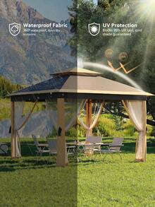 11'x11 Pop-Up Gazebo, Instant Outdoor Canopy Tent With Mosquito Nettings, Durable Steel Frame, Water, And UV Proof, For Patio, Garden, Courtyard, Party - 卡其色 - 查看 7