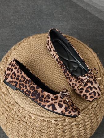 Women's Fashion Loafers, Leopard Print With Bow Decor, Elegant French Style Flat Shoes, Comfortable And Versatile For Summer