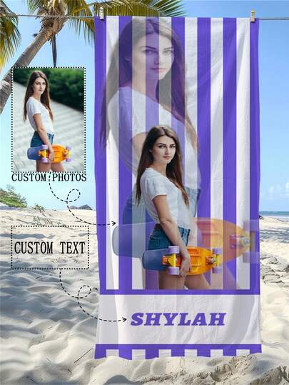 Esta toalla de playa está hecha de tela de toalla suave, con un fondo rayado de color azul claro que es fresco y versátil. Se puede personalizar con su propio nombre y patrón. Hay múltiples tamaños disponibles, de secado rápido y fácil de llevar, adecuado para vacaciones en la playa, fiestas en la piscina o picnics al aire libre. El patrón personalizado es claro y no se desvanece fácilmente, convirtiéndolo en un artículo de moda para uso personal o como un regalo de verano.