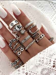 16 Pcs/Set Vintage Octagon Sun Moon Snake Leaf Flower Joint Rings - Gold - View 1