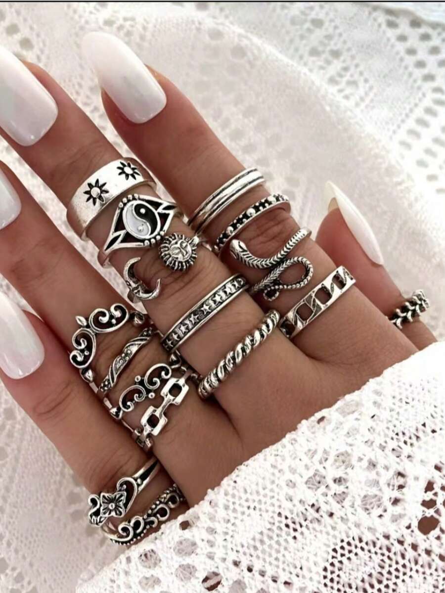 16 Pcs/Set Vintage Octagon Sun Moon Snake Leaf Flower Joint Rings - Gold - View 1